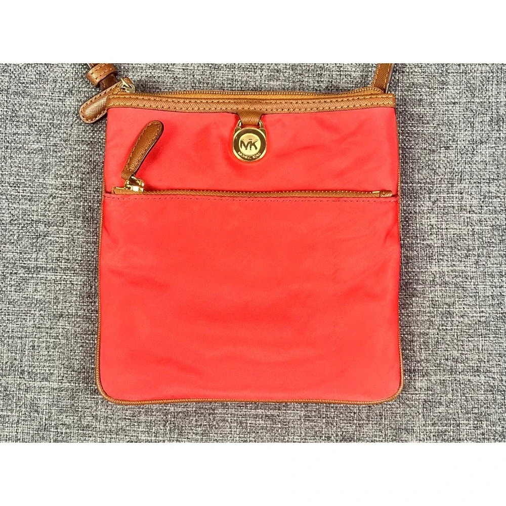 Michael Kors Red Nylon Tan Leather Trim Crossbody Bag Gold Logo Small Messenger